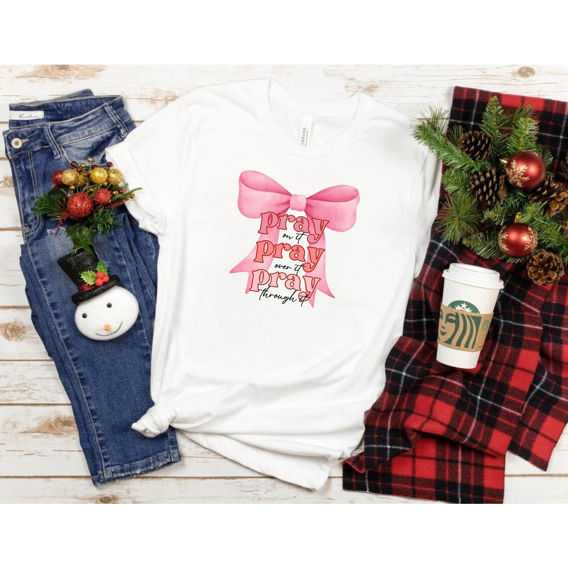 Pink Pray On It Pray Over It Pray Through It Crewneck - Pink Print Pray Shirt - Biblical Quotes
