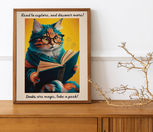 Retro Cat Poster, National Library Week Wall Art, Quirky Book Lover Decor, Fun Cat and Book Poster for Cozy Spaces.