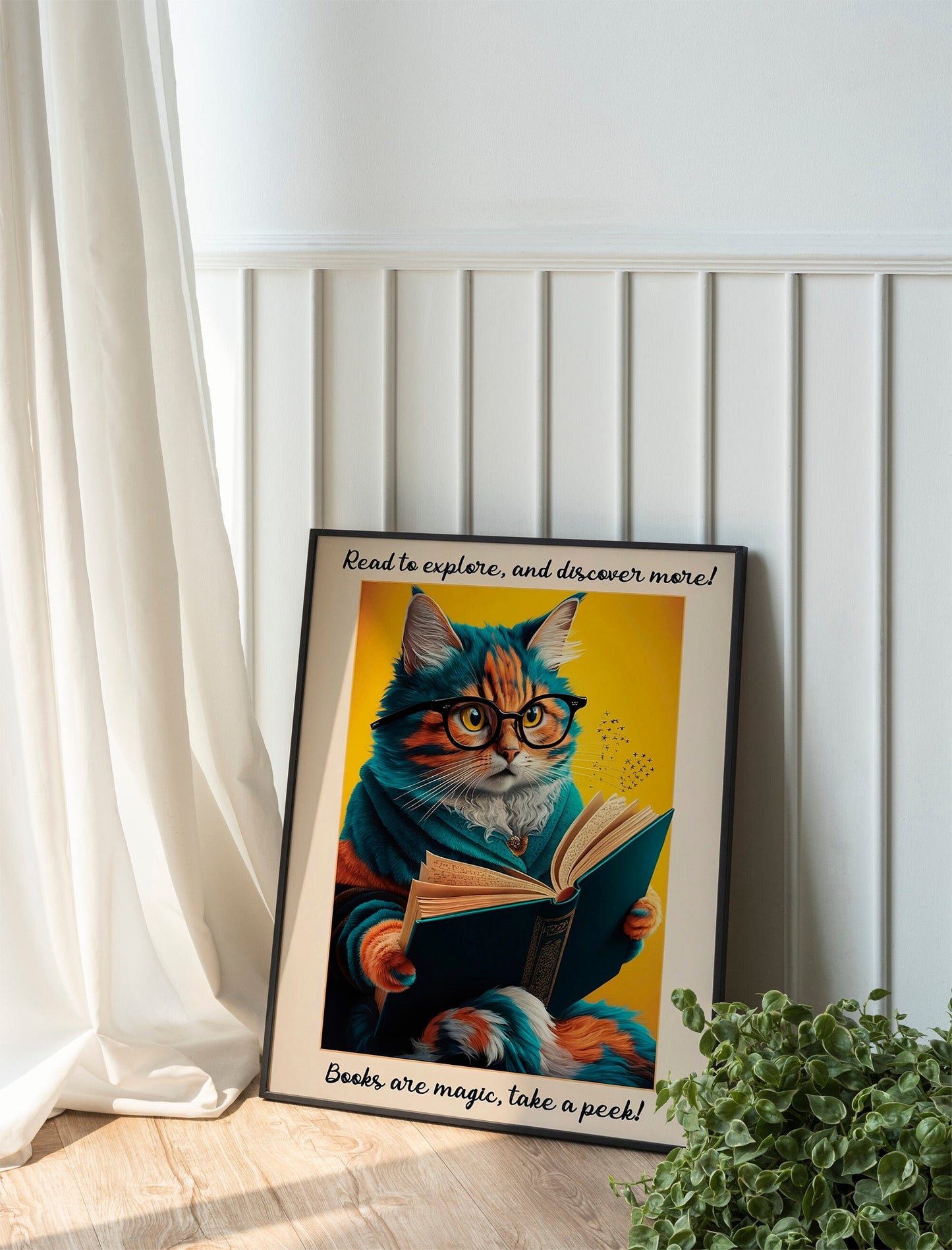 Retro Cat Poster, National Library Week Wall Art, Quirky Book Lover Decor, Fun Cat and Book Poster for Cozy Spaces.
