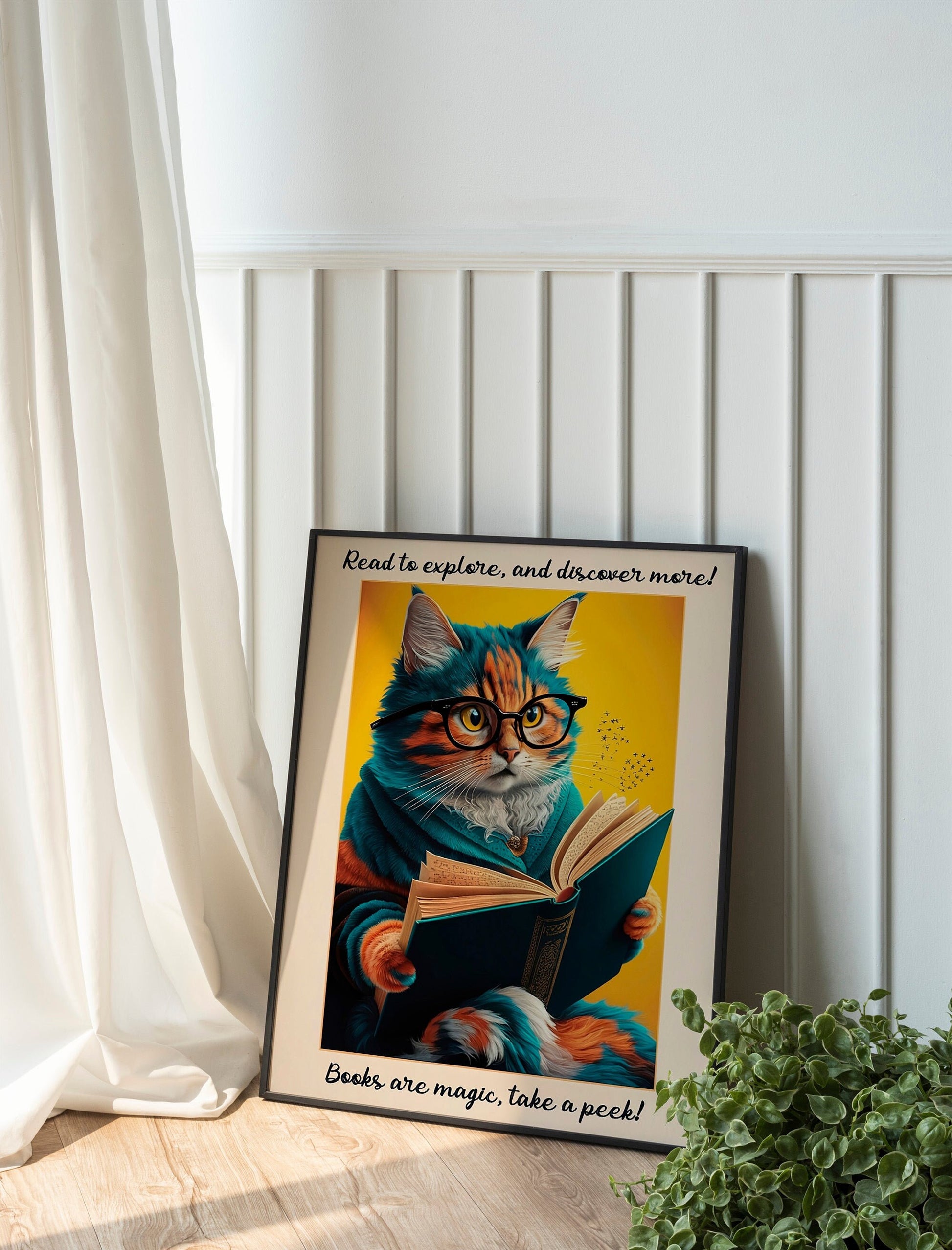 Retro Cat Poster, National Library Week Wall Art, Quirky Book Lover Decor, Fun Cat and Book Poster for Cozy Spaces.