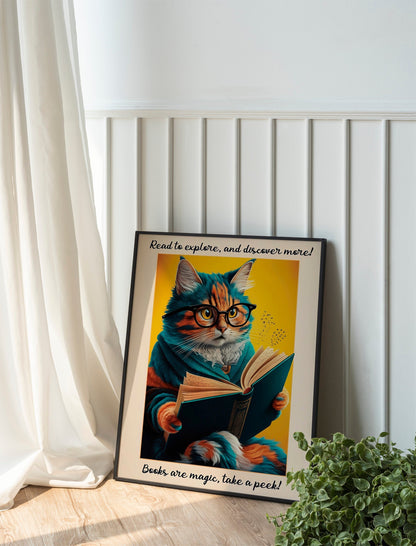 Retro Cat Poster, National Library Week Wall Art, Quirky Book Lover Decor, Fun Cat and Book Poster for Cozy Spaces.