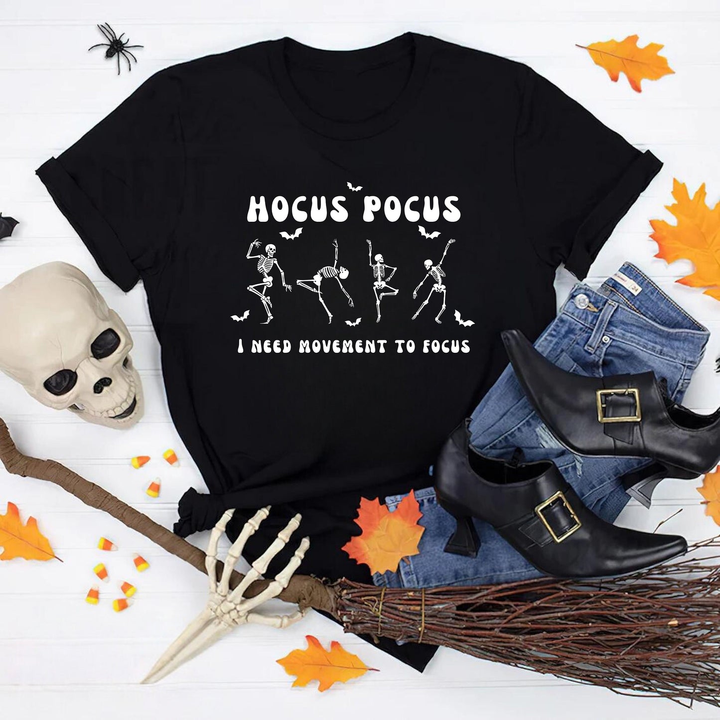 Halloween Hocus Pocus T shirt - Cute Skeleton Dancing Style - Funny Shirt Design - Trendy Halloween Shirt