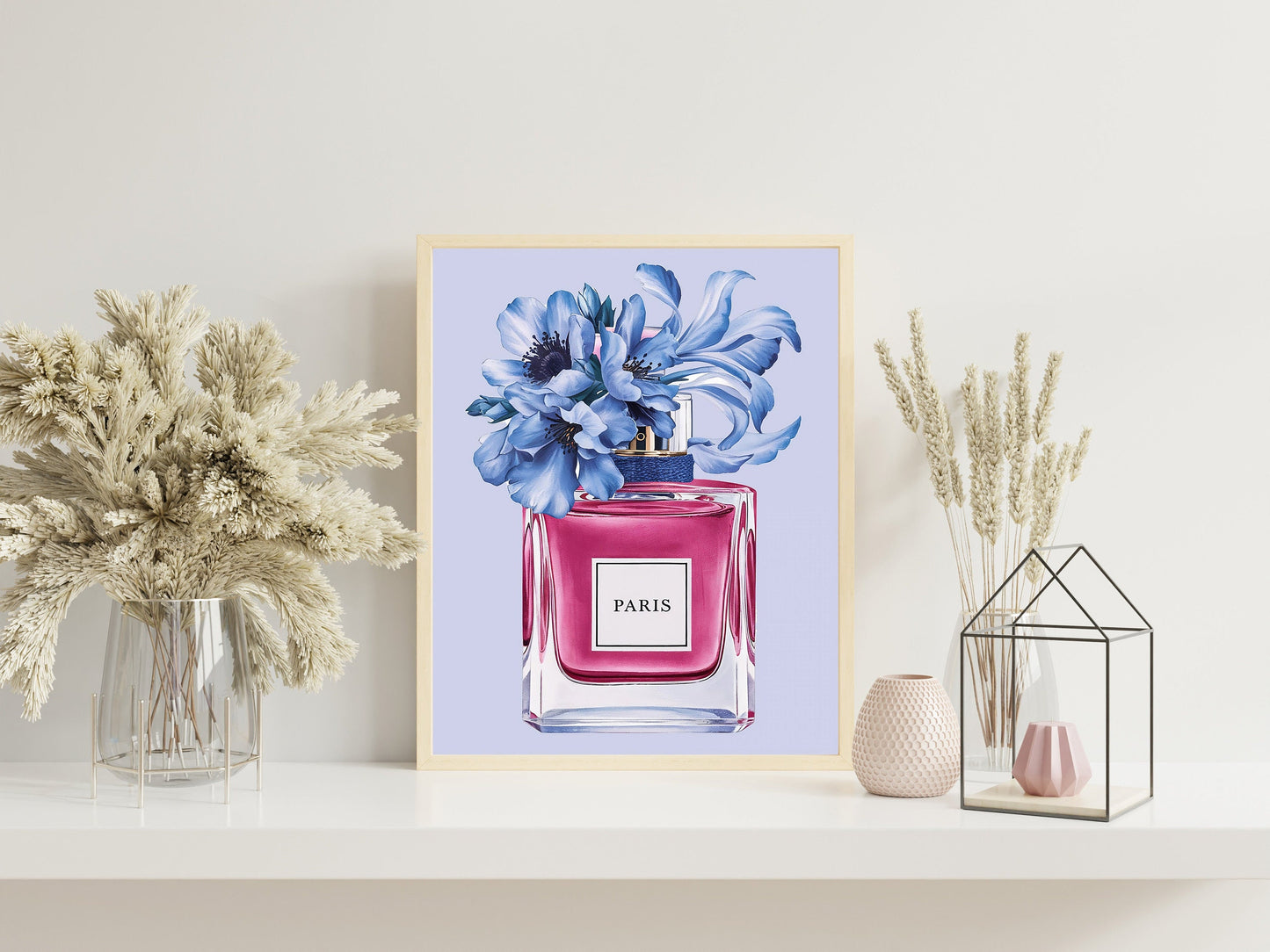 Perfume Print with Blue Peonies, Chic Fashion Poster for Glamorous Vanity Decor, Light Blue Fashion-Themed Wall Art, Modern wall art Set of