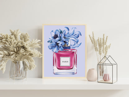 Perfume Print with Blue Peonies, Chic Fashion Poster for Glamorous Vanity Decor, Light Blue Fashion-Themed Wall Art, Modern wall art Set of
