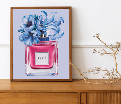 Perfume Print with Blue Peonies, Chic Fashion Poster for Glamorous Vanity Decor, Light Blue Fashion-Themed Wall Art, Modern wall art Set of