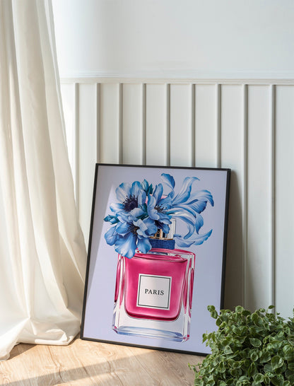 Perfume Print with Blue Peonies, Chic Fashion Poster for Glamorous Vanity Decor, Light Blue Fashion-Themed Wall Art, Modern wall art Set of