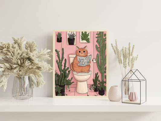 Bathroom Cat Reading Newspaper Print, Vintage Cat Art for Toilet Wall, Maximalist Bathroom Decor Poster for a Fun and Quirky Space
