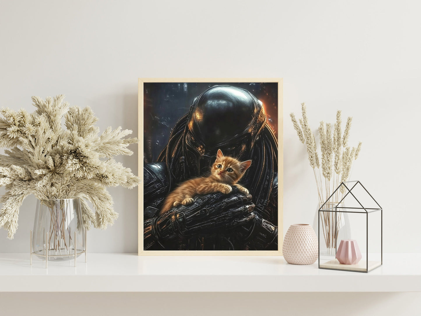 Predator Alien with Jonesy Cat Art Print, Cute Horror Poster for Sci-Fi Fans, Fun Alien and Cat Illustration, Quirky Gift for Fans of Aliens