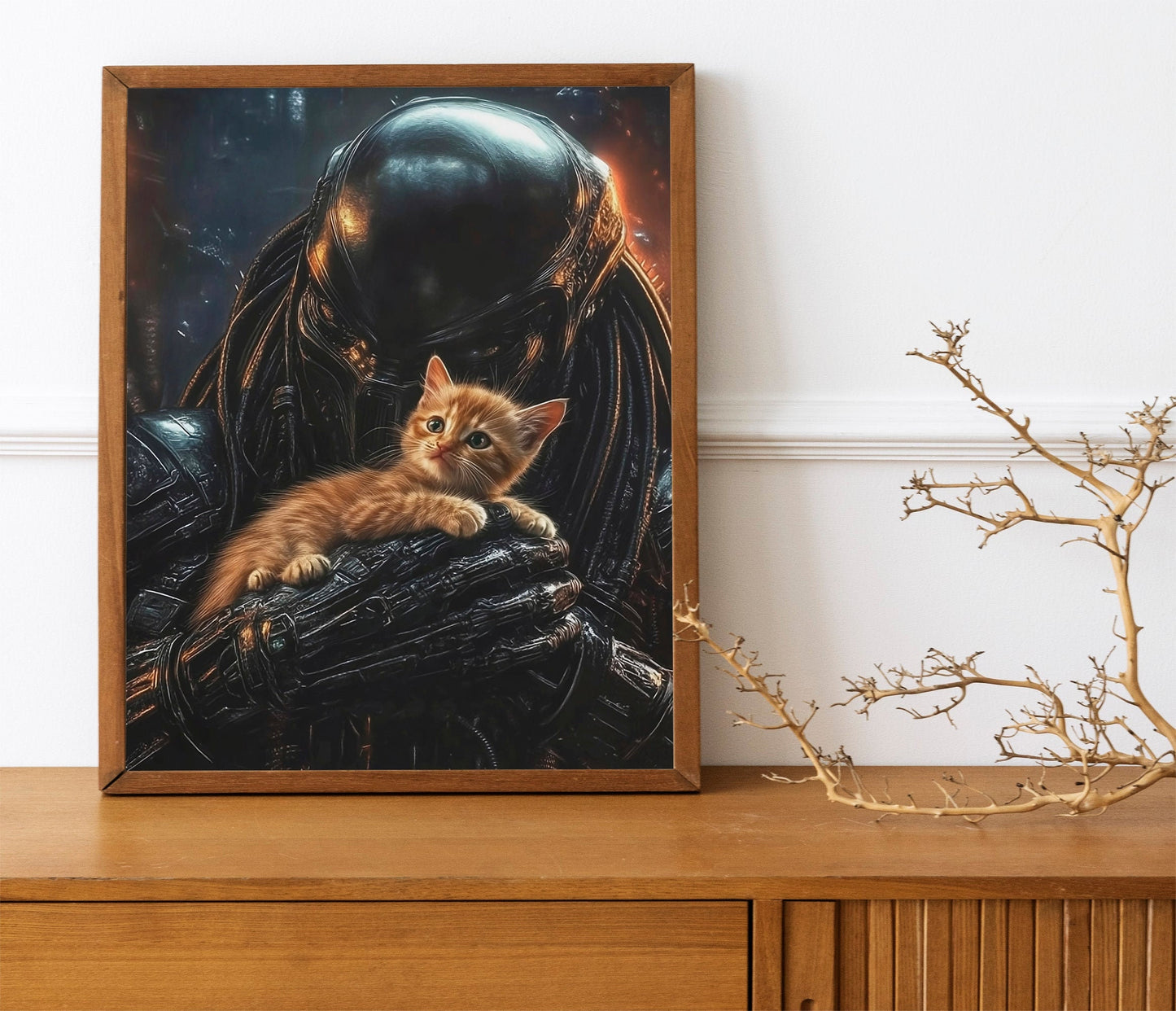 Predator Alien with Jonesy Cat Art Print, Cute Horror Poster for Sci-Fi Fans, Fun Alien and Cat Illustration, Quirky Gift for Fans of Aliens