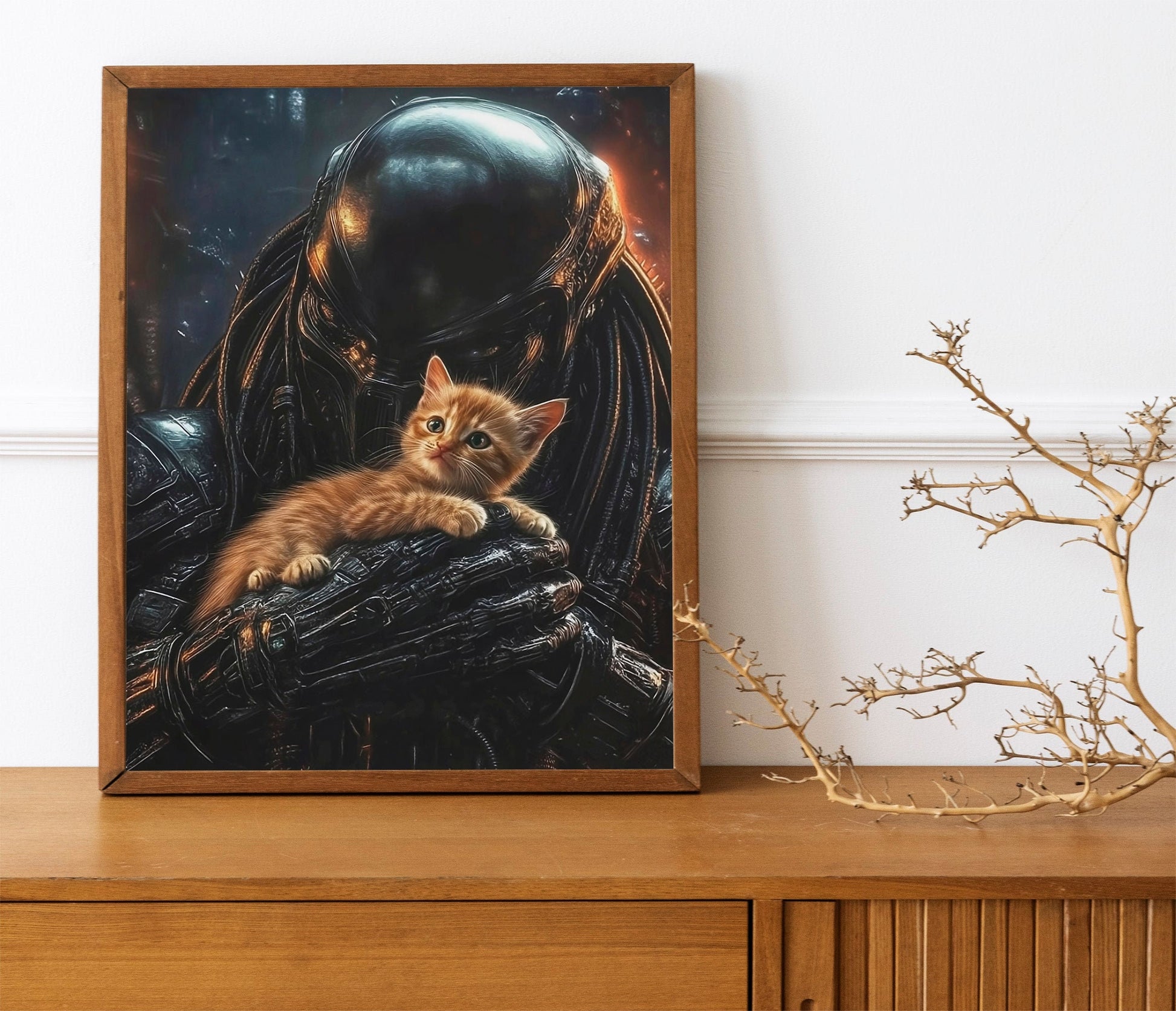 Predator Alien with Jonesy Cat Art Print, Cute Horror Poster for Sci-Fi Fans, Fun Alien and Cat Illustration, Quirky Gift for Fans of Aliens