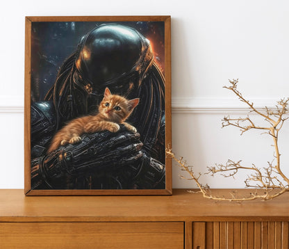 Predator Alien with Jonesy Cat Art Print, Cute Horror Poster for Sci-Fi Fans, Fun Alien and Cat Illustration, Quirky Gift for Fans of Aliens