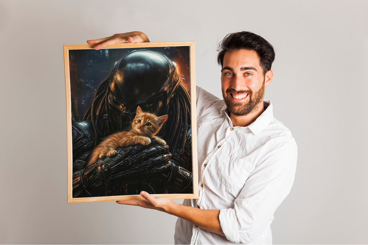 Predator Alien with Jonesy Cat Art Print, Cute Horror Poster for Sci-Fi Fans, Fun Alien and Cat Illustration, Quirky Gift for Fans of Aliens