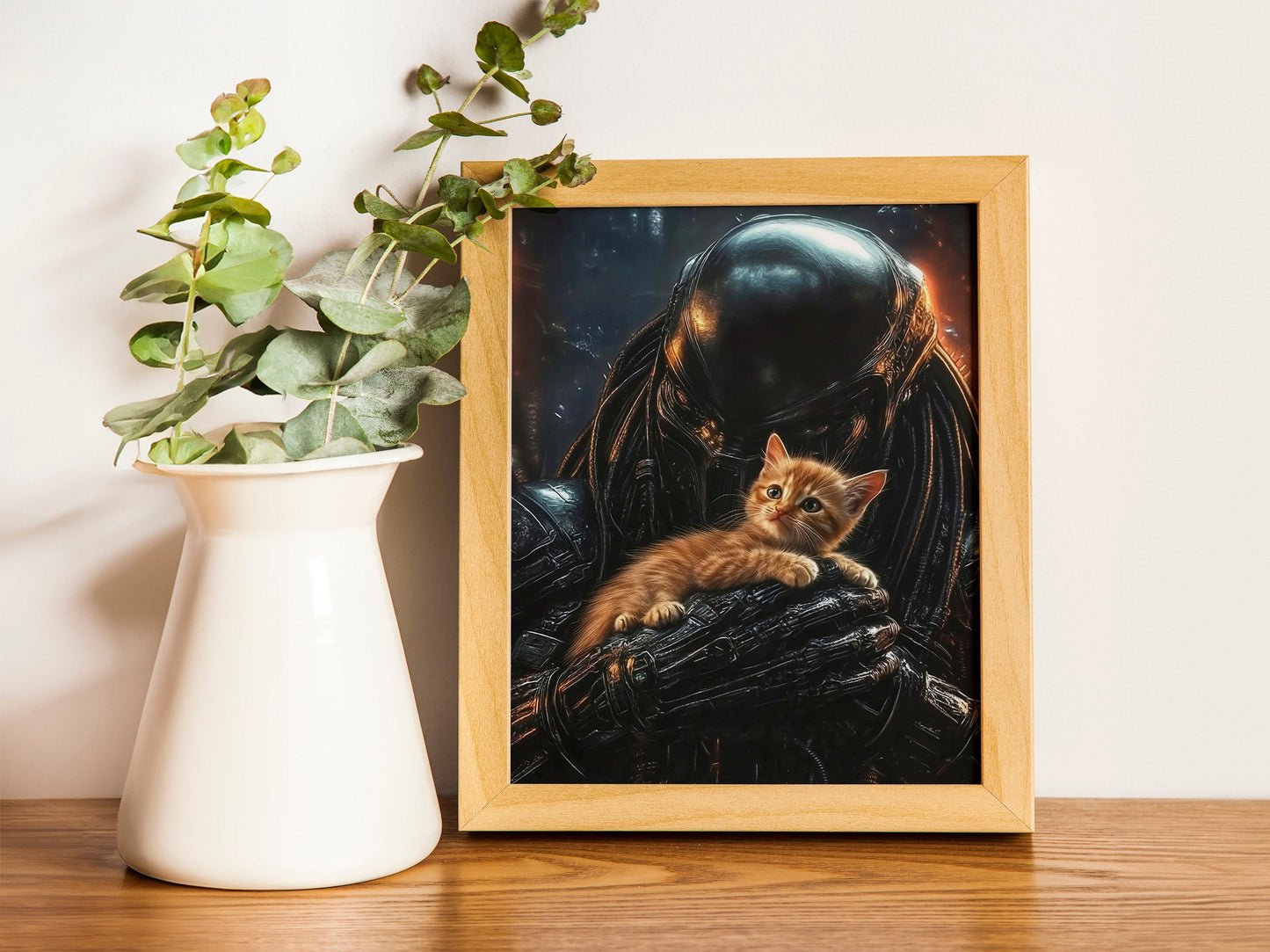 Predator Alien with Jonesy Cat Art Print, Cute Horror Poster for Sci-Fi Fans, Fun Alien and Cat Illustration, Quirky Gift for Fans of Aliens