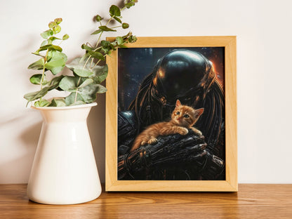 Predator Alien with Jonesy Cat Art Print, Cute Horror Poster for Sci-Fi Fans, Fun Alien and Cat Illustration, Quirky Gift for Fans of Aliens