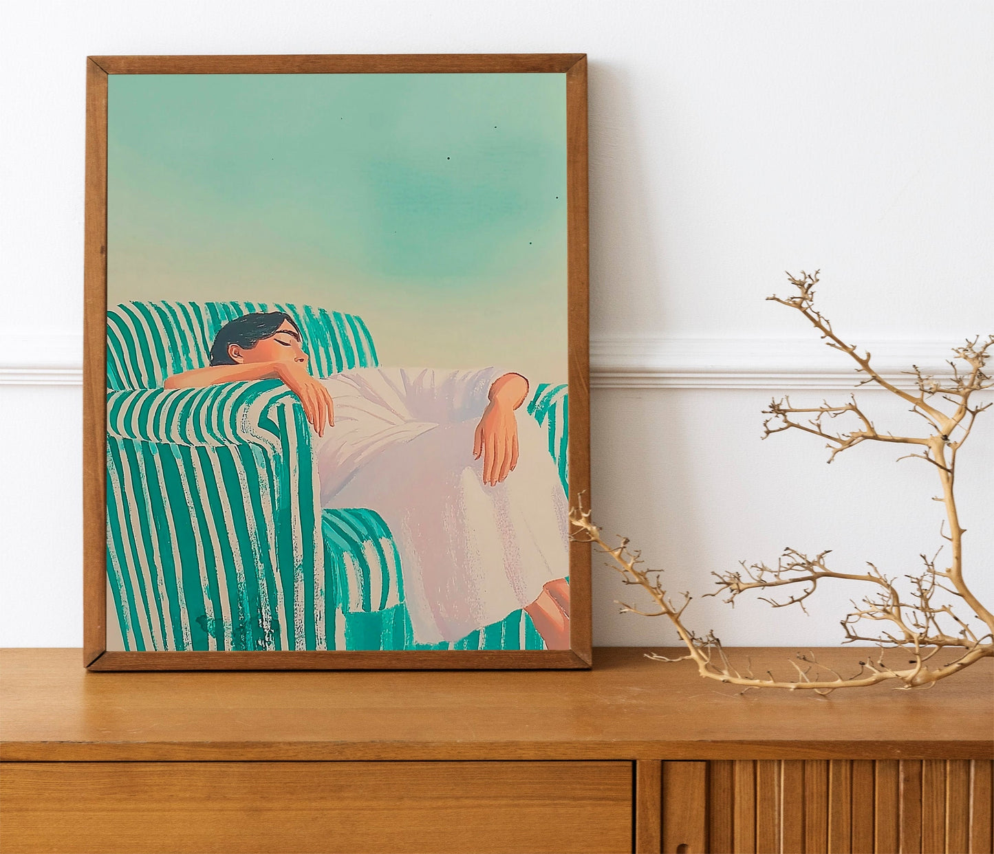 Minimalist Woman Illustration for Living Room Decor, Emerald Green Abstract People Print, Large Contemporary Wall Art, HighQuality Striped
