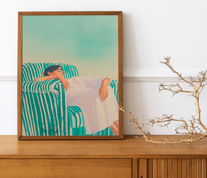 Minimalist Woman Illustration for Living Room Decor, Emerald Green Abstract People Print, Large Contemporary Wall Art, HighQuality Striped