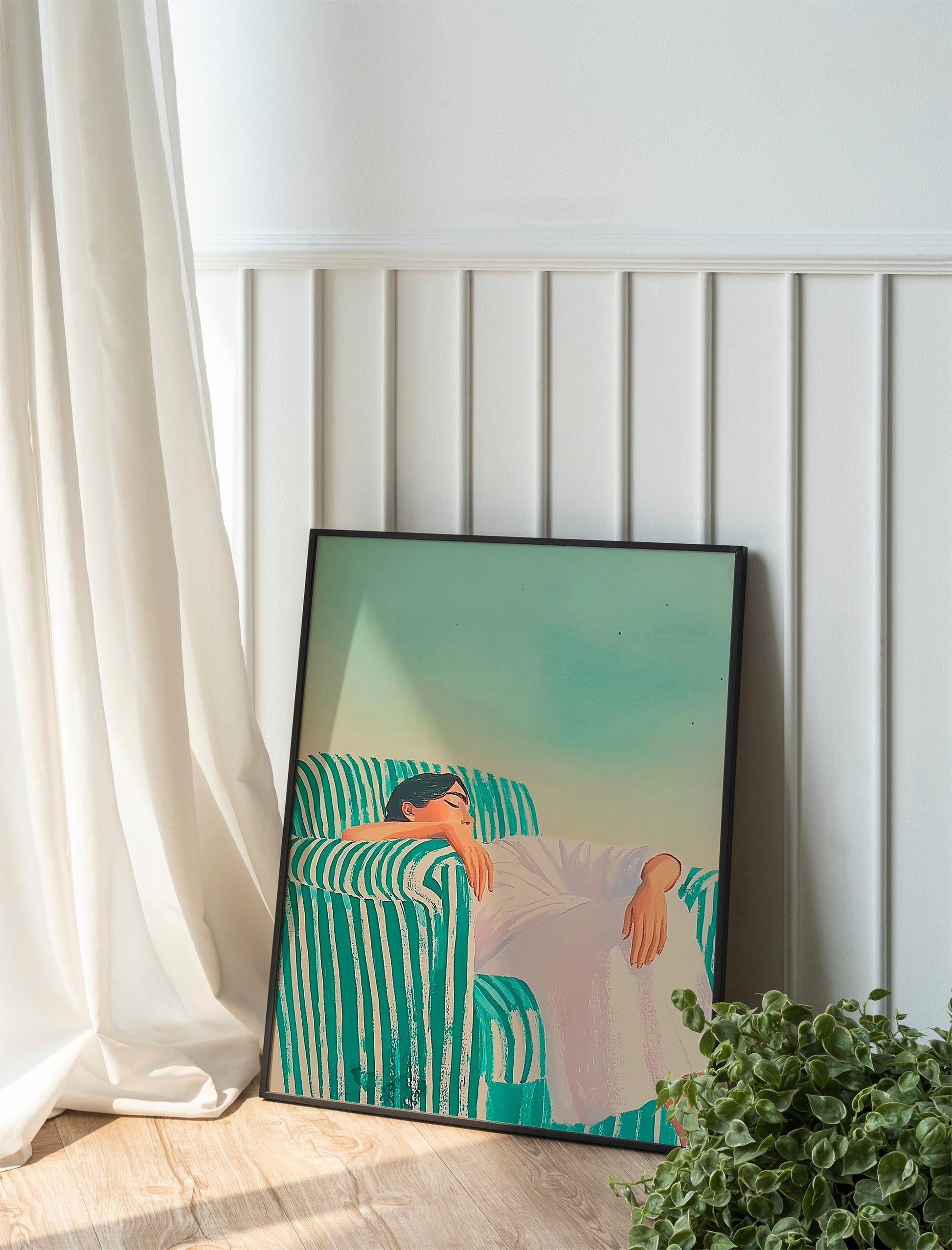 Minimalist Woman Illustration for Living Room Decor, Emerald Green Abstract People Print, Large Contemporary Wall Art, HighQuality Striped