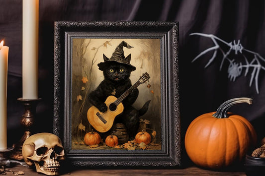 Halloween Vintage Cat Playing Ukulele Guitar Art Print, Vintage Halloween, Halloween Cat Art, Black Cat, Halloween Vintage Illustration