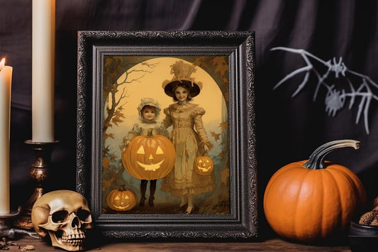 Halloween Vintage Sister Witches with Pumpkins Art Print, Vintage Halloween, Vintage Halloween Illustration, Vintage Halloween, Witch Sister