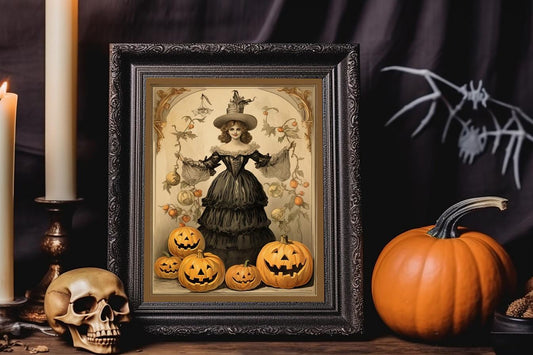 Halloween Vintage Victorian Witch Holding Pumpkin Vines and Surrounded by Pumpkins Art Print, Vintage Halloween Illustration, Witch Print