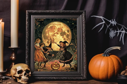 Halloween Vintage Witches Dancing Around A Pumpkin in the Moonlight Art Print, Vintage Halloween Illustration, Witches Print, Vintage Witch