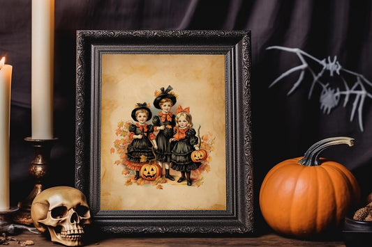 Halloween Vintage Three Victorian Sisters with  Pumpkins Art Print, Vintage Halloween Illustration, Witches Print, Vintage Witch Sisters