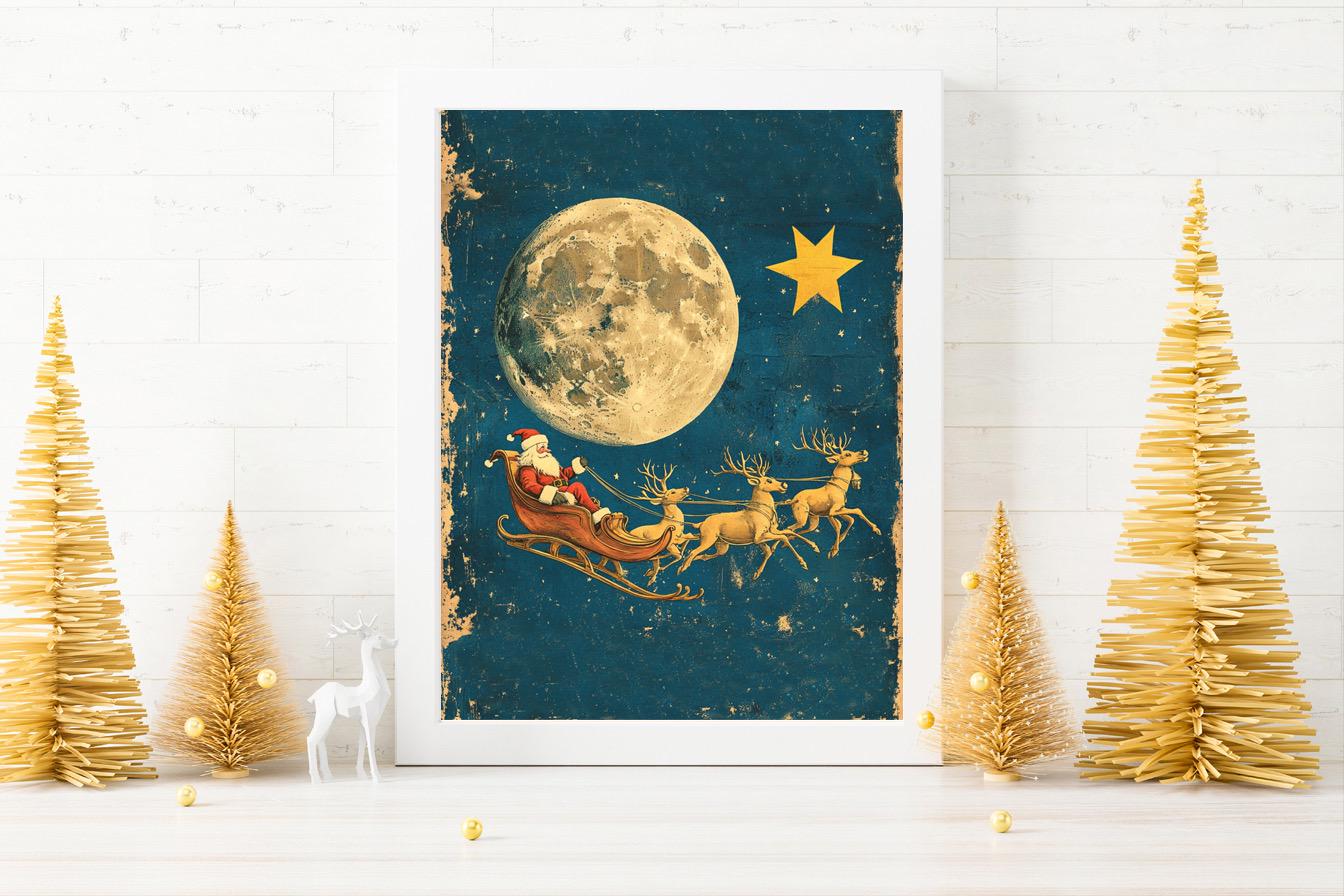 Christmas Vintage Santa and Reindeer Flying By Moon Art Print, Vintage Christmas, Santa Sleigh, Santa Claus is Coming to Town, Vintage Santa