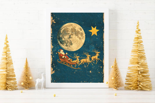 Christmas Vintage Santa and Reindeer Flying By Moon Art Print, Vintage Christmas, Santa Sleigh, Santa Claus is Coming to Town, Vintage Santa