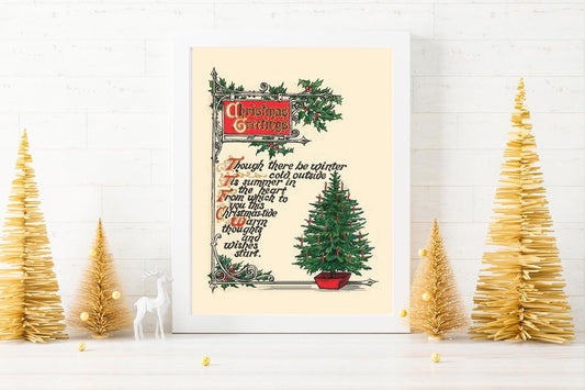 Christmas Greetings Illustration Art Print, Vintage Christmas, Vintage Illustration, Merry Christmas, Christmas Decor, Christmas Tree Art