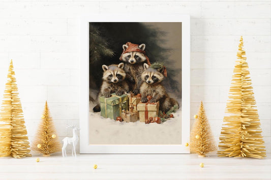 Christmas Cute Raccoons with Gifts Under A Christmas Tree Illustration Art Print, Vintage Christmas, Animal Christmas, Raccoon Art