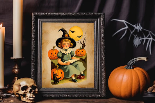 Halloween Vintage Teenage Witch with Black Cat and Pumpkins Reading in the Moonlight Art Print, Vintage Halloween Illustration, Witch Print
