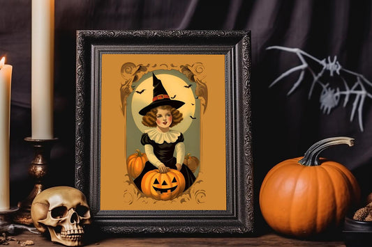 Halloween Vintage Witch with Pumpkin Singing in the Moonlight Art Print, Vintage Halloween Illustration, Vintage Witch Print, Vintage Print