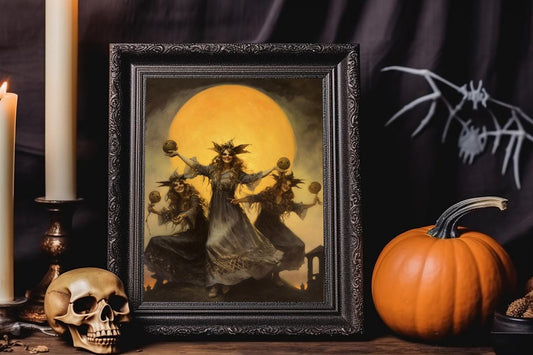 Halloween Vintage Three Witches in the Moonlight Art Print, Vintage Halloween Illustration, Witches Print, Vintage Witches Art, Witch Sister