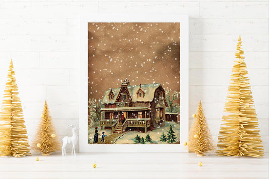 Christmas Vintage Home in Snow Illustration Art Print, Christmas Home Decor, Christmas House, Snowy House, White Christmas, Vintage Art