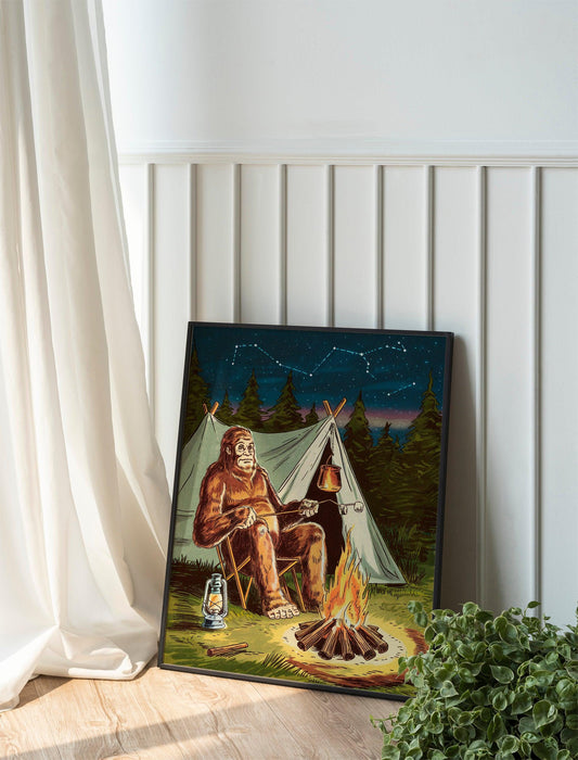Bigfoot Fishing in Canoe Vintage Poster Art, Funny Retro Sasquatch Print, Cabin Wall Decor, Outdoor Sports Fisherman Illustration, Perfect