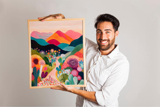 Abstract Mountain Artwork, Colorful Patchwork Illustration, Modern Scenery Art Print, Perfect for Living Rooms, Floral and Abstract Decor
