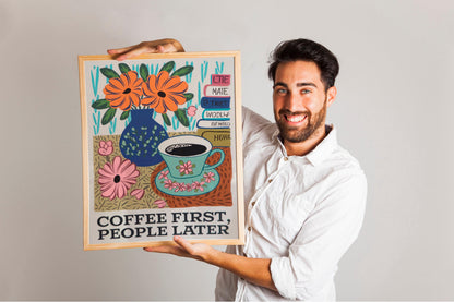 Coffee First Retro Wall Art, Perfect Downloadabl e Print for Maximalist Kitchen Decor or a Trendy Coffee Cart Gift for Friends