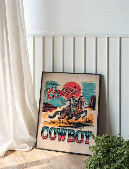 Coors Cowboy Giclée Fine Art Print, Vintage Western Wall Art, Wild West Cowboy Illustration, Retro Art Print for Rustic and Trendy Homes,
