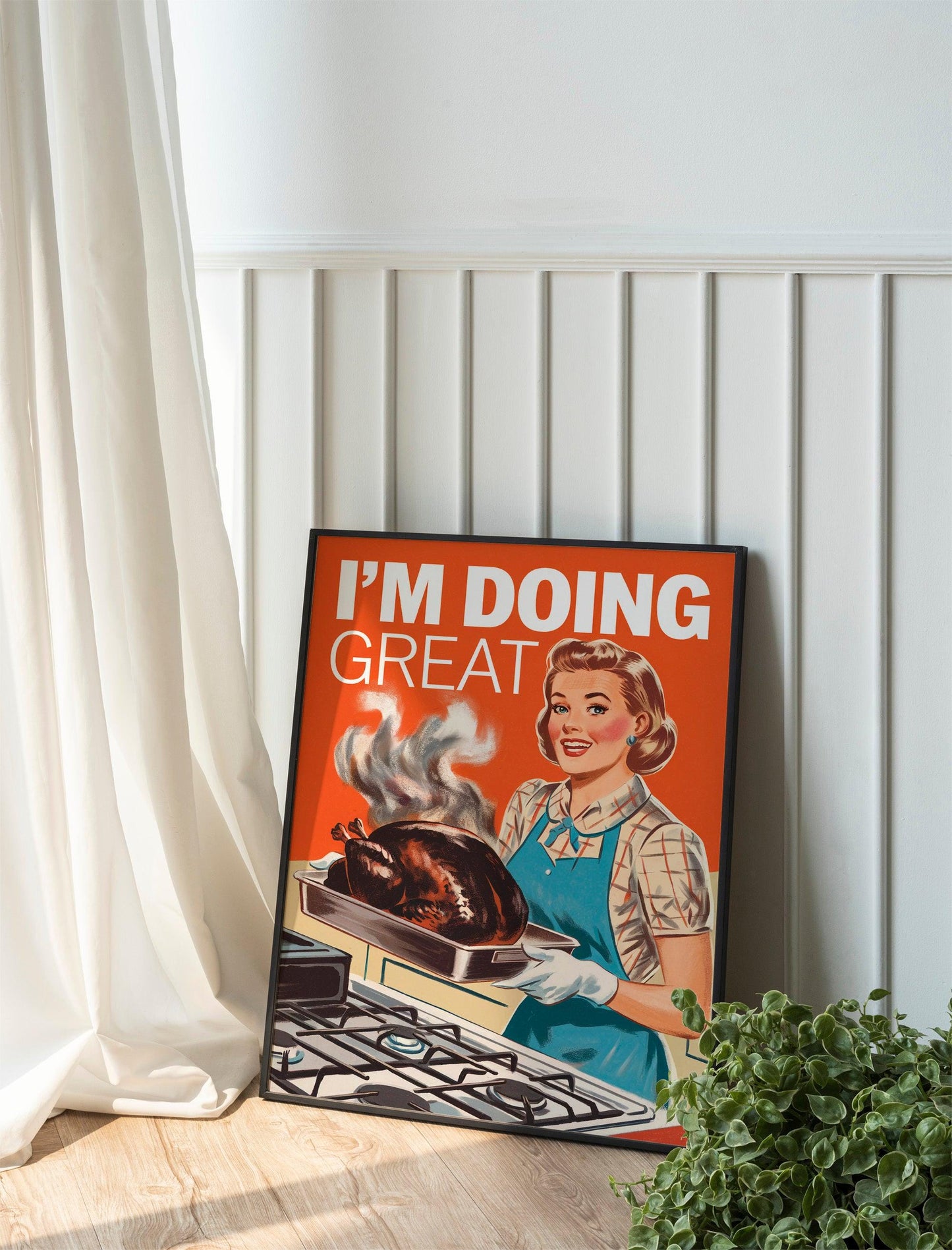 1950s Retro 'I'm doing great’ Kitchen Art, Vintage Poster Print, Humorous Housewife Cooking Disaster Illustration, Mid-Century Modern