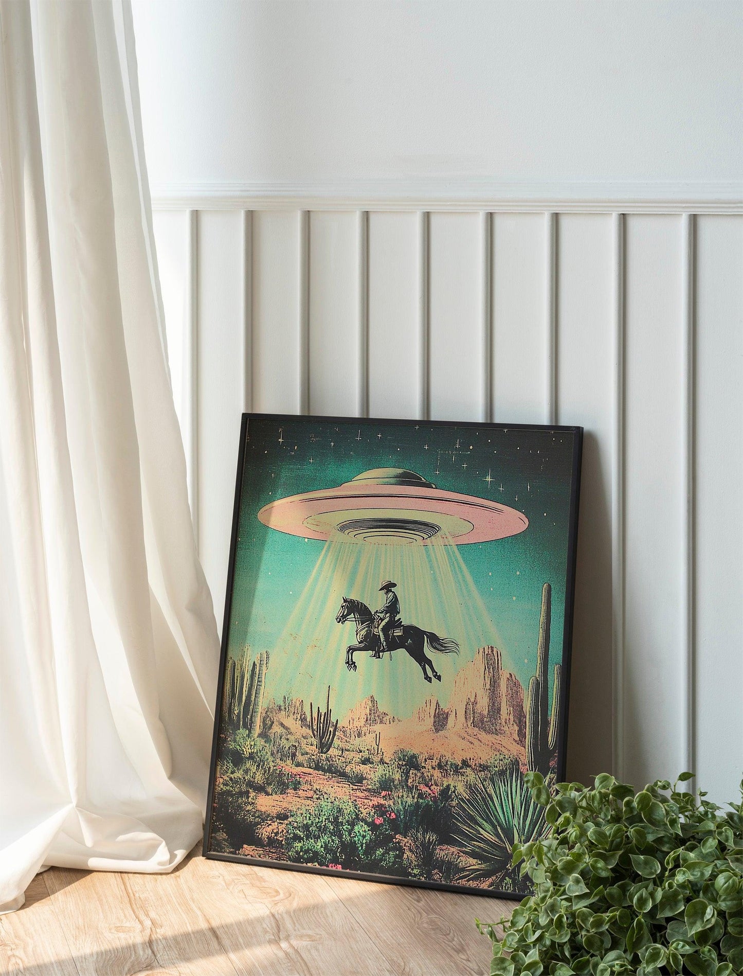 UFO Cowboy Fine Art, Western Americana Retro Sci-Fi Poster Print, Flying Saucer Alien Wall Art, Perfect for Horse Desert Floral Home Decor