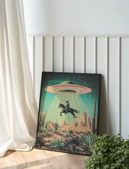 UFO Cowboy Fine Art, Western Americana Retro Sci-Fi Poster Print, Flying Saucer Alien Wall Art, Perfect for Horse Desert Floral Home Decor