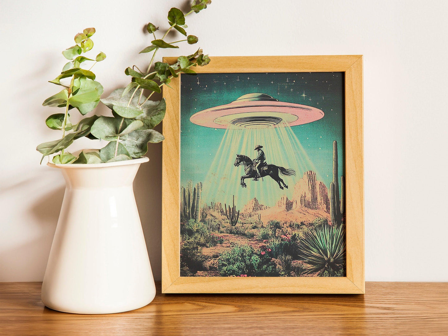 UFO Cowboy Fine Art, Western Americana Retro Sci-Fi Poster Print, Flying Saucer Alien Wall Art, Perfect for Horse Desert Floral Home Decor