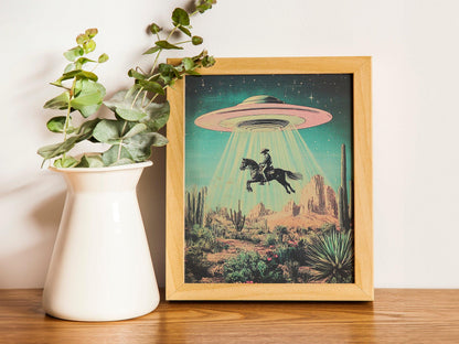 UFO Cowboy Fine Art, Western Americana Retro Sci-Fi Poster Print, Flying Saucer Alien Wall Art, Perfect for Horse Desert Floral Home Decor