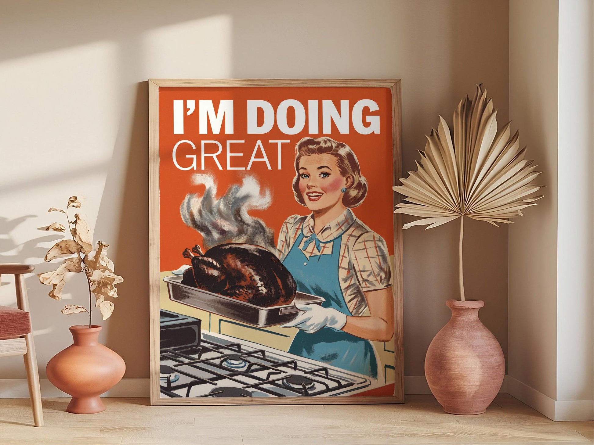 1950s Retro 'I'm doing great’ Kitchen Art, Vintage Poster Print, Humorous Housewife Cooking Disaster Illustration, Mid-Century Modern