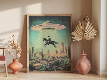 UFO Cowboy Fine Art, Western Americana Retro Sci-Fi Poster Print, Flying Saucer Alien Wall Art, Perfect for Horse Desert Floral Home Decor