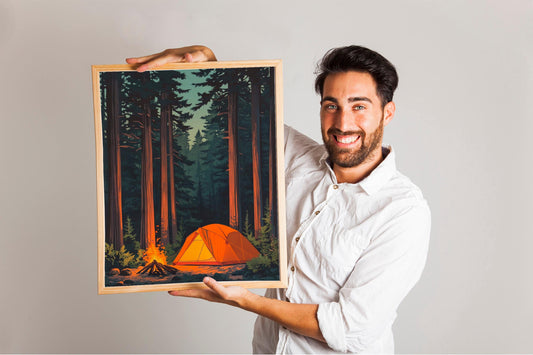 Vintage Campfire Forest Wall Art, Nature Poster Print in Retro Style, Perfect for Rustic and Cozy Home Decor, Trendy Vintage Artwork