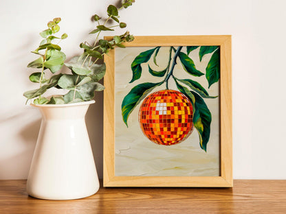 Retro Orange Disco Mirror Ball Print, Funky Citrus Fruit Art, Bar Cart Decor, Preppy Wall Art for Fun Home Spaces, Gift Idea for Trendy
