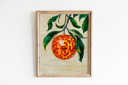Retro Orange Disco Mirror Ball Print, Funky Citrus Fruit Art, Bar Cart Decor, Preppy Wall Art for Fun Home Spaces, Gift Idea for Trendy