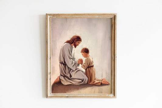 Bible Wall Art, Modern Christian Art, Jesus and child kneeling, Jesus Portrait, LDS Art, Jesus and child Holding Hands