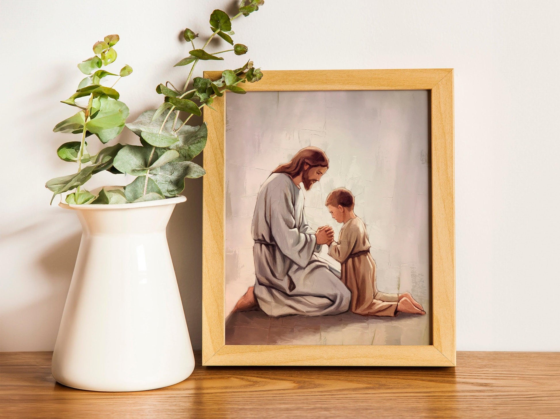 Bible Wall Art, Modern Christian Art, Jesus and child kneeling, Jesus Portrait, LDS Art, Jesus and child Holding Hands